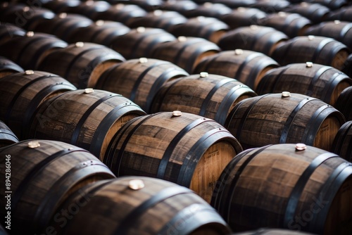 Dark brown wooden oak Port barrels in neat rows