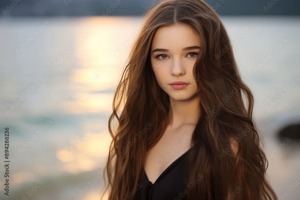 A woman with long brown hair stands on a beach, looking into the camera A woman with long brown hair stands on a beach, looking into the camera