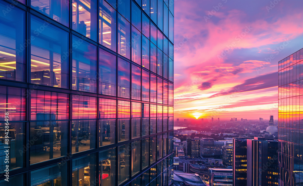 High-rise office building reflecting a vibrant sunset over a city.
High-rise office building reflecting a vibrant sunset over a city.