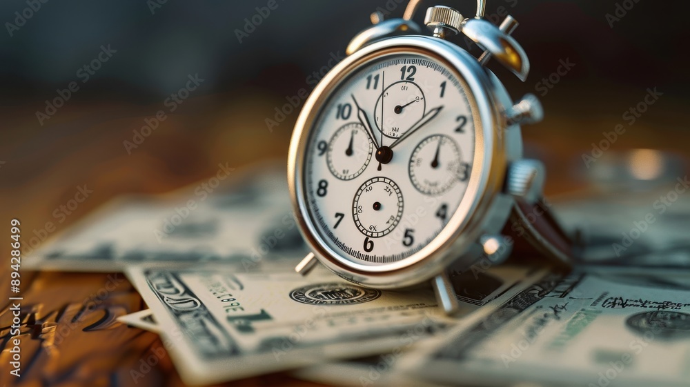 Close-up of an alarm clock on top of dollar bills, symbolizing time and money, financial management, and investment opportunities. Close-up of an alarm clock on top of dollar bills, symbolizing time and money, financial management, and investment opportunities.