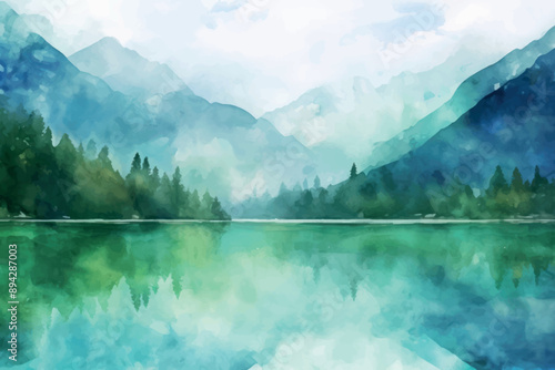 Serene watercolor mountain lake landscape