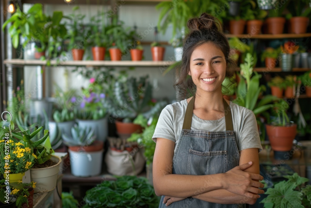 Portrait of plant shop owner standing in shop welcoming customers Portrait of plant shop owner standing in shop welcoming customers
