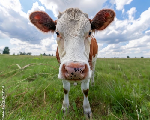 Close up of friendly brown and white cow in green field, rural landscape with blue skies and clouds