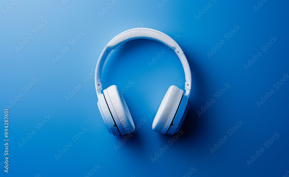 White headphones on a blue background. White headphones on a blue background.