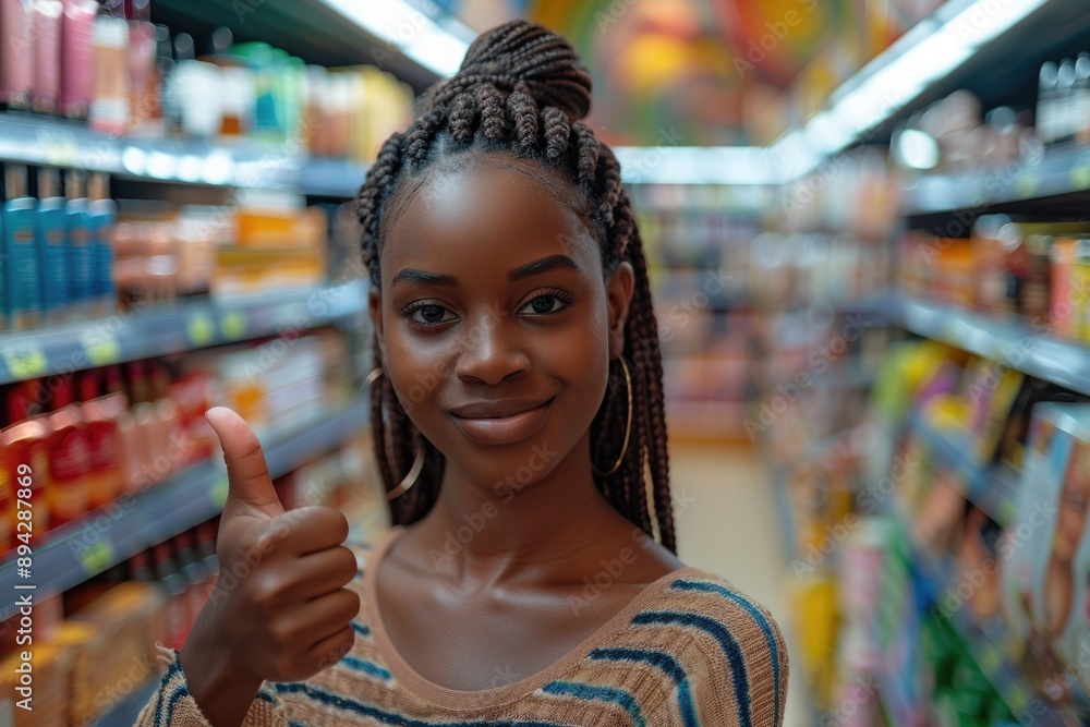 Positive dark skinned female sale girl posing proudly in cosmetic supermarket given a thumbs up Positive dark skinned female sale girl posing proudly in cosmetic supermarket given a thumbs up