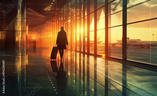 Silhouette of a traveler with luggage walking through an airport terminal at sunset.