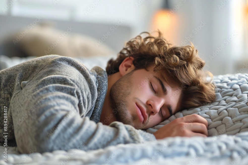 Full body photo of male Caucasian sleeping in bedroom Full body photo of male Caucasian sleeping in bedroom