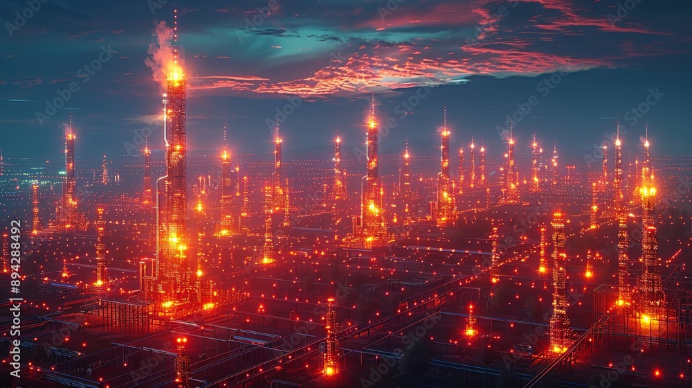 Abstract industrial landscape with complex digital patterns and high-tech symbols representing scientific innovation. , Minimalism, Abstract industrial landscape with complex digital patterns and high-tech symbols representing scientific innovation. , Minimalism,