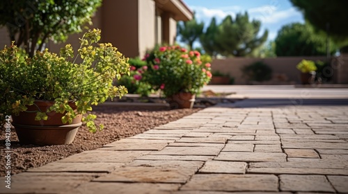A desert landscaped back yard in Arizona featuring travertine tile.  