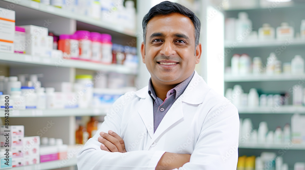 薬局で働くベテランのインド人の男性薬剤師 薬局で働くベテランのインド人の男性薬剤師