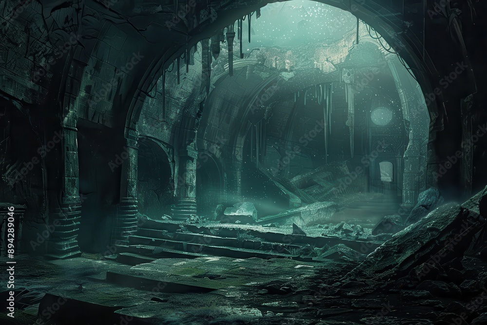 Ancient temple ruins overgrown with moss and vines in a mysterious underwater world Ancient temple ruins overgrown with moss and vines in a mysterious underwater world