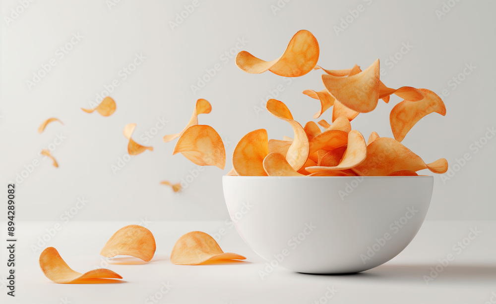 Orange potato chips flying out of a white bowl. Orange potato chips flying out of a white bowl.