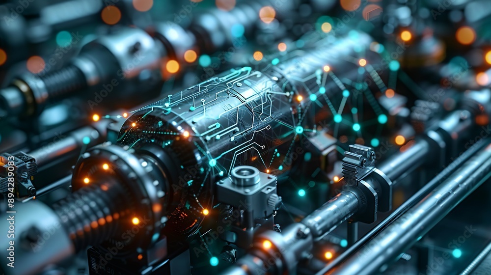 Abstract futuristic visualization with interconnected tech circuits and industrial components symbolizing advancements in technology. , Minimalism, Abstract futuristic visualization with interconnected tech circuits and industrial components symbolizing advancements in technology. , Minimalism,