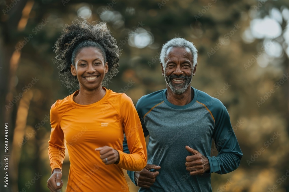 Biracial couple jogging outdoors on sunny day in park. Biracial couple jogging outdoors on sunny day in park.