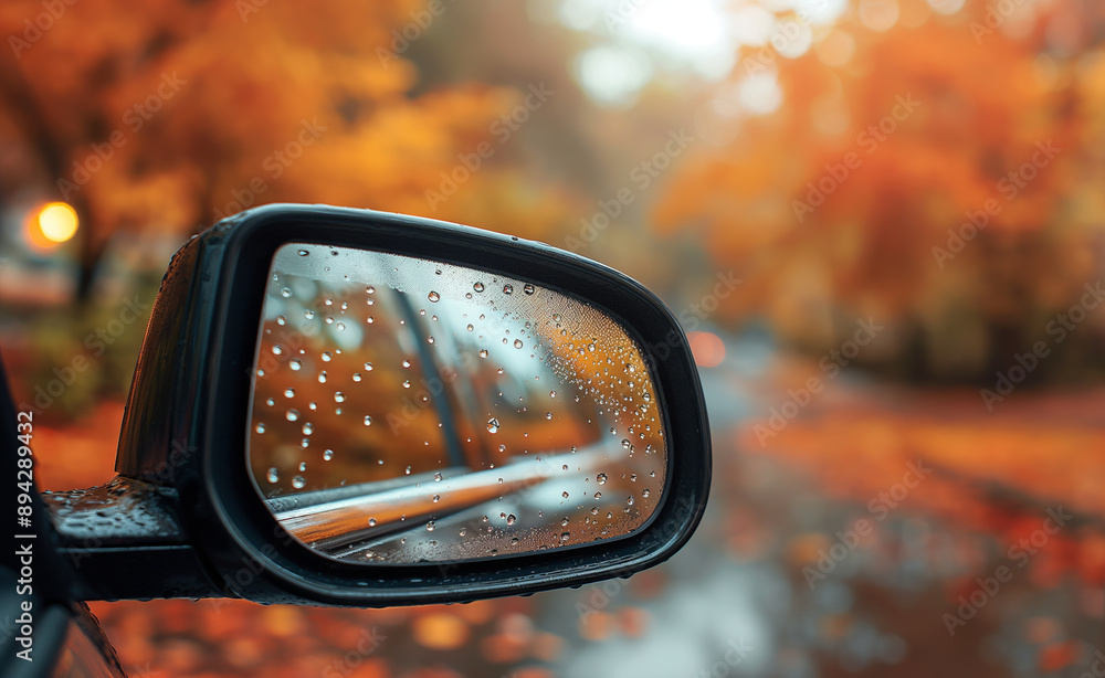 Rearview mirror reflecting a wet road with autumn trees. Rearview mirror reflecting a wet road with autumn trees.