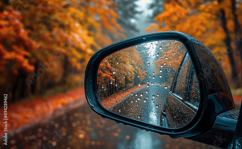 Rearview mirror reflecting a wet road with autumn trees. photo