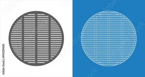 Architectural and technical wireframe blueprint for perforated metal drain covers with a grid pattern for drainage systems
