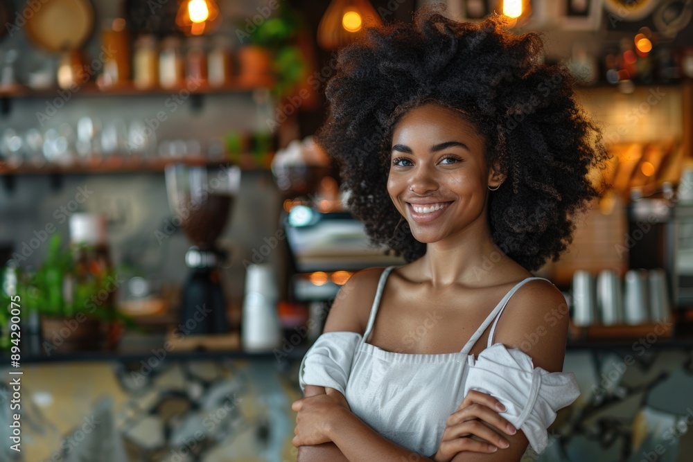 Confident African American woman owns cafe works as waitress. Confident African American woman owns cafe works as waitress.
