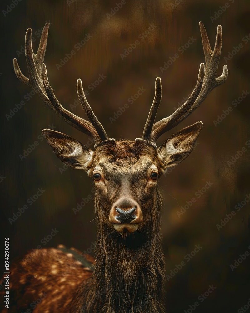 A deer with antlers is looking at the camera. A deer with antlers is looking at the camera.