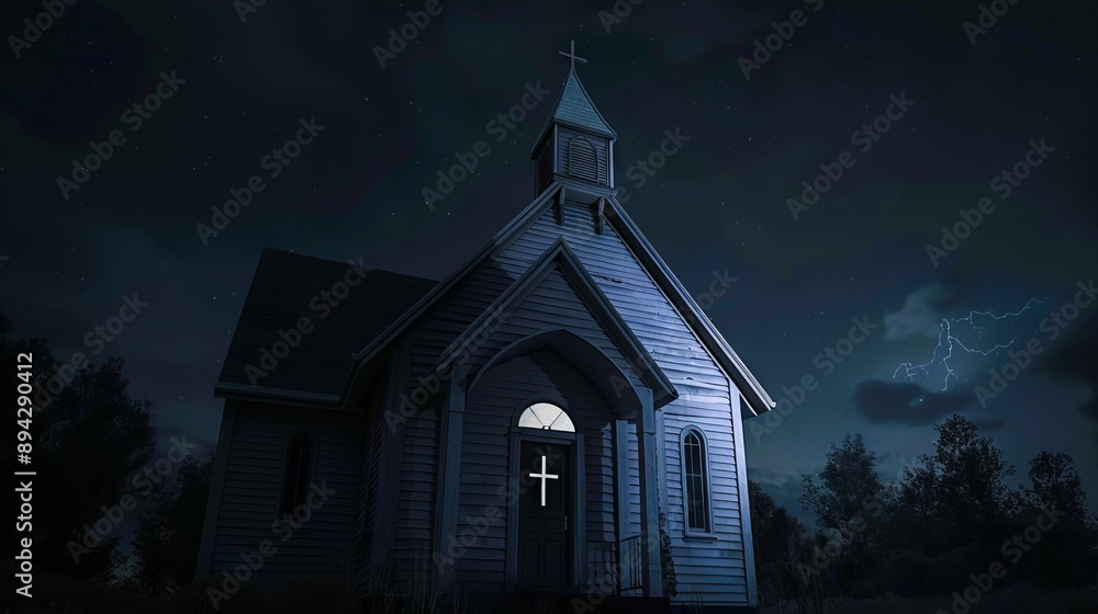 Fototapeta premium A church at night with lightning and clouds.