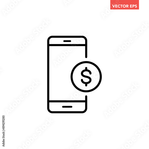 Black single mobile payment line icon, simple easy contactless payment flat design pictogram vector for app ads web banner button ui ux interface elements isolated on white background