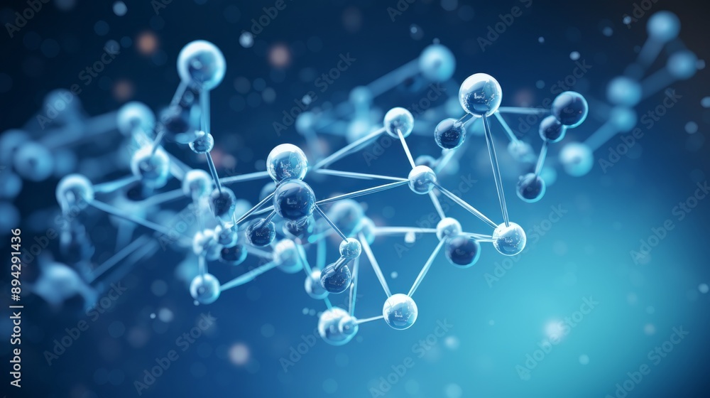3d visualization of atom molecules chained together in floating formation against blue background, representing molecular science and chemistry concepts
3d visualization of atom molecules chained together in floating formation against blue background, representing molecular science and chemistry concepts