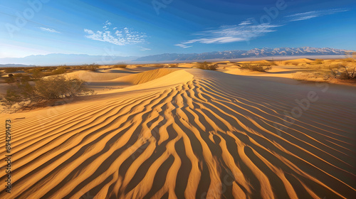 Endless Desert Landscape with Rippled Sand Dunes and Sparse Vegetation Under Clear Blue Sky