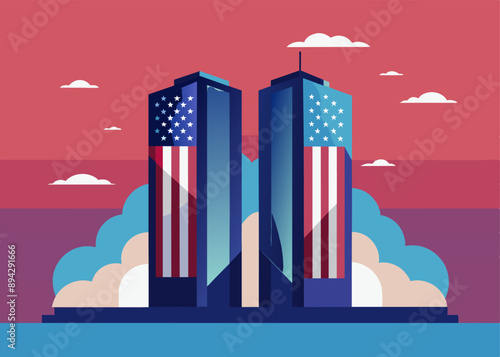 Cartoon illustration of twin towers with American flags.  A cartoon illustration depicts the twin towers adorned with American flags, set against a cityscape backdrop