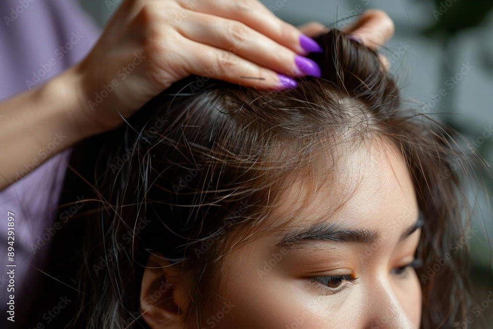 Fototapeta premium Close up photo of an Asian female receiving healthcare for falling hair at a spa