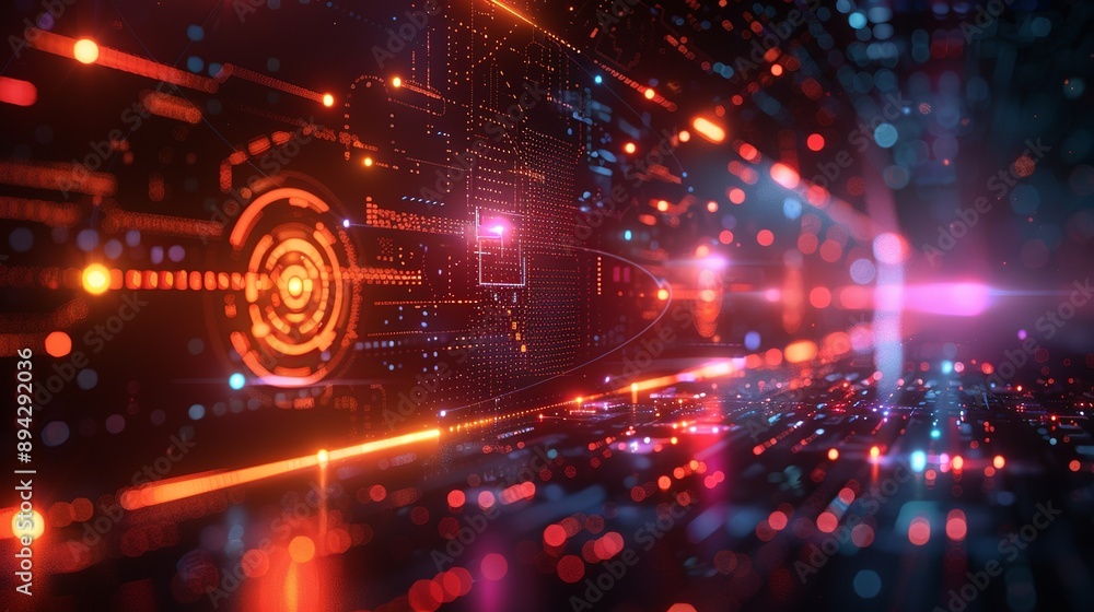 Obraz premium Geometric tech symbols and holographic elements in an abstract design representing advancements in industrial science. , Minimalism,