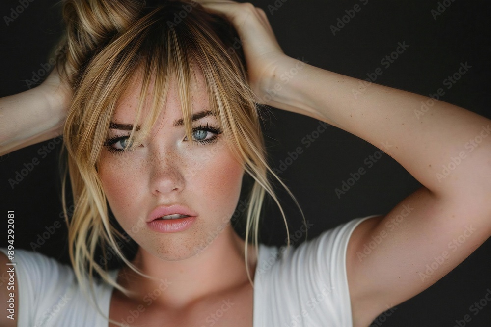 Closeup photo of female Caucasian pushing hair to sides at home Closeup photo of female Caucasian pushing hair to sides at home