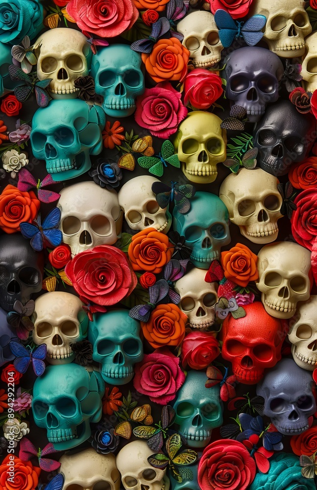 Fototapeta premium Skulls and roses wallpaper.