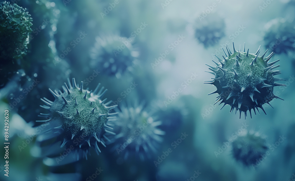 Fototapeta premium Close-up view of green and blue viruses under a microscope.
