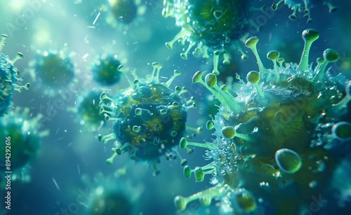 Close-up view of green and blue viruses under a microscope. © Curioso.Photography