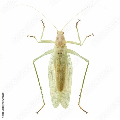 A tree cricket with elongated body and distinctive stridulatory organs, isolated white background, pixel art style photo