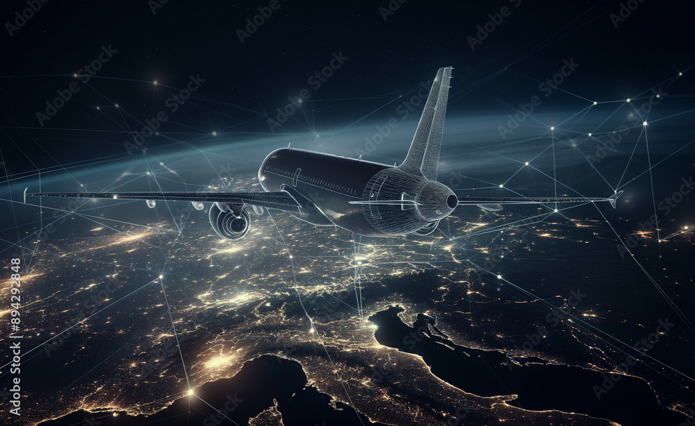 Airplane flying over a city at night with network connections visible. Airplane flying over a city at night with network connections visible.