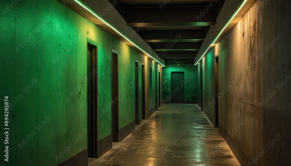 Fototapeta premium Green and Brown Corridor with LED Lighting.