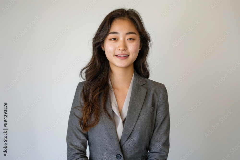 Confident young Asian woman in professional attire smiling. Confident young Asian woman in professional attire smiling.