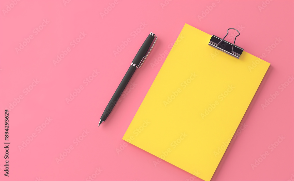 Yellow notebook and black pen on a pink background. Yellow notebook and black pen on a pink background.