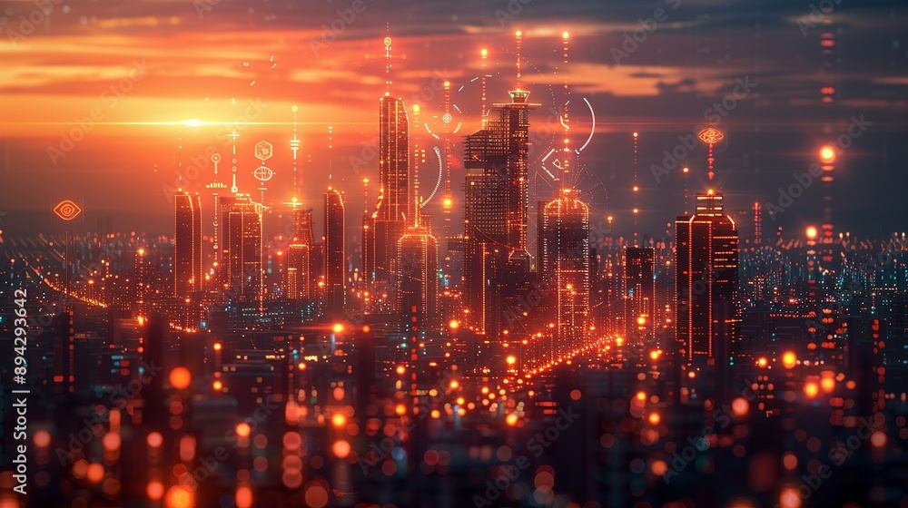 custom made wallpaper toronto digitalAbstract industrial landscape with glowing tech symbols and holographic elements showcasing advancements in technology and science. , Minimalism,