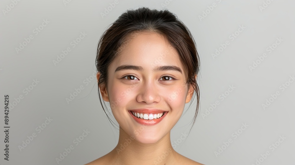 Realistic half-portrait of a cheerful Indonesian woman with a bright smile on a plain background, highlighting her joyful spirit and natural beauty. Realistic photo, Portrait , Minimalism, Realistic half-portrait of a cheerful Indonesian woman with a bright smile on a plain background, highlighting her joyful spirit and natural beauty. Realistic photo, Portrait , Minimalism,
