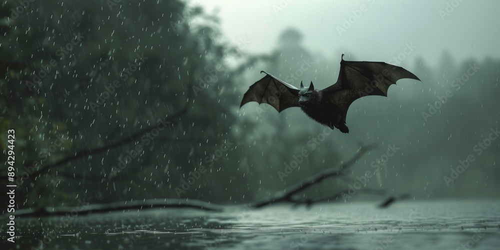 Fototapeta premium Mysterious Nocturnal Flight: Bats Soaring Through Rainy Night Sky. AI-Generated 4K Wallpaper Capturing Eerie Beauty of Winged Mammals in Stormy Weather. Atmospheric Dark Background for Nature Enthusia