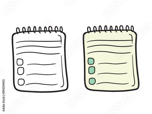 Spiral book with to do list in in beige and green colors isolated on white background. Hand drawn vector sketch illustration in doodle engraved vintage line art style. Coloring book, diary, goals.