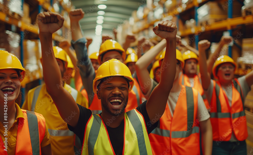 Group of enthusiastic warehouse workers in safety vests and helmets celebrating. Group of enthusiastic warehouse workers in safety vests and helmets celebrating.