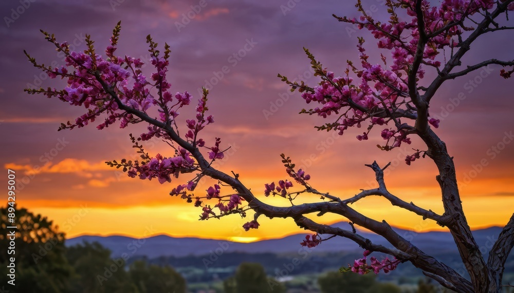 Pink Flowers Silhouetted Against Sunset. Pink Flowers Silhouetted Against Sunset.