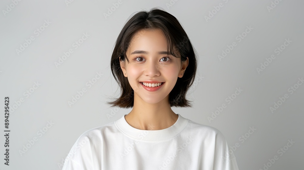 Realistic half-portrait of a cheerful Indonesian woman with a beaming smile on a plain background, highlighting her joyful demeanor and natural beauty. Realistic photo, Portrait , Minimalism, Realistic half-portrait of a cheerful Indonesian woman with a beaming smile on a plain background, highlighting her joyful demeanor and natural beauty. Realistic photo, Portrait , Minimalism,