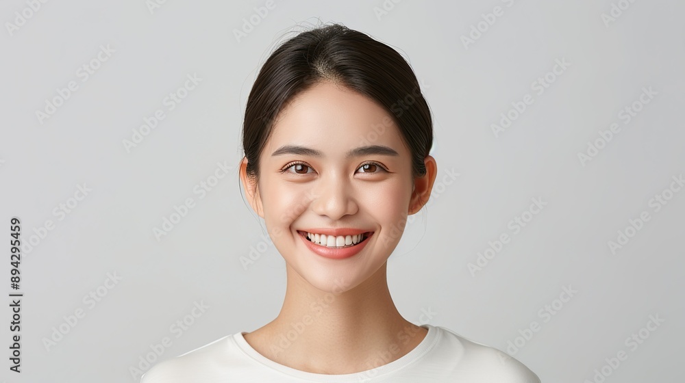 Realistic half-portrait of a cheerful Indonesian woman with a beaming smile on a plain background, highlighting her joyful demeanor and natural beauty. Realistic photo, Portrait , Minimalism, Realistic half-portrait of a cheerful Indonesian woman with a beaming smile on a plain background, highlighting her joyful demeanor and natural beauty. Realistic photo, Portrait , Minimalism,