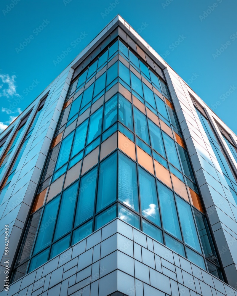 From below exterior of modern building with window and white decorative geometric elements located on street of city From below exterior of modern building with window and white decorative geometric elements located on street of city