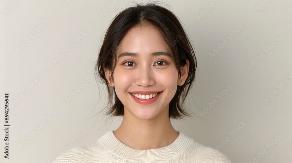 Realistic portrait of a happy Vietnamese woman with a bright smile on a plain background, capturing her joyful spirit and natural beauty. Realistic photo, Portrait , Minimalism, Realistic portrait of a happy Vietnamese woman with a bright smile on a plain background, capturing her joyful spirit and natural beauty. Realistic photo, Portrait , Minimalism,