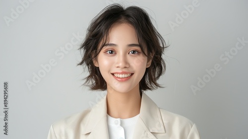 Realistic portrait of a happy Vietnamese woman with a bright smile on a plain background, capturing her joyful spirit and natural beauty. Realistic photo, Portrait , Minimalism, Free Download Realistic portrait of a happy Vietnamese woman with a bright smile on a plain background, capturing her joyful spirit and natural beauty. Realistic photo, Portrait , Minimalism, - GFXLoad